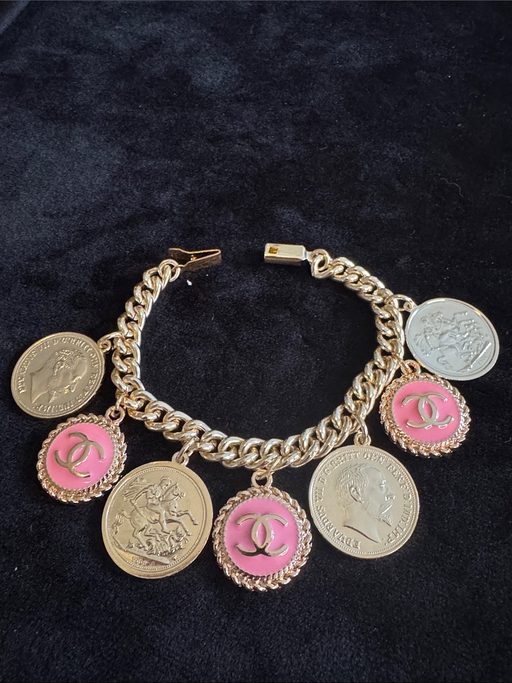 Pink Enamel Coin Charm Bracelet